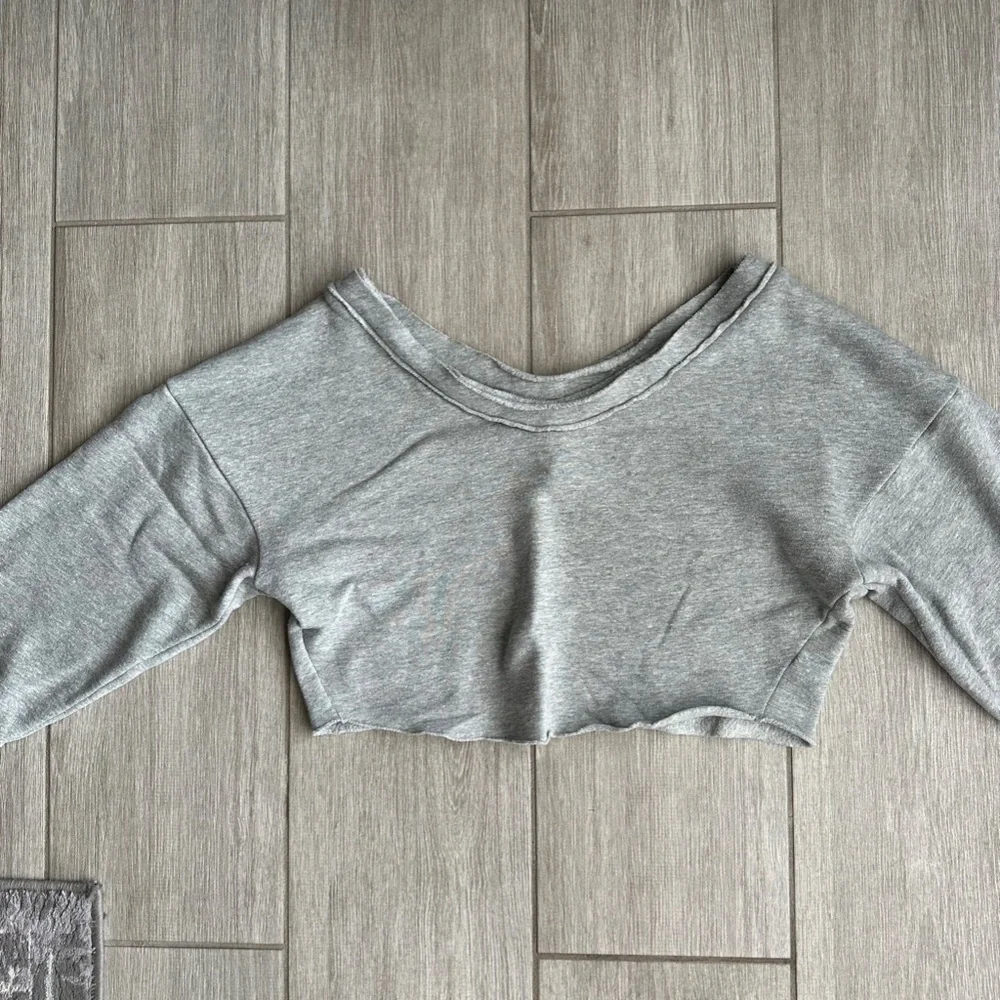 ALO Yoga Gray Cropped V‑Neck Sweatshirt Top